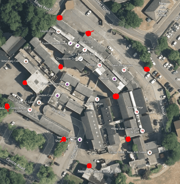 SDC now operates ten cameras in New Ash Green (underlying image from bing maps)